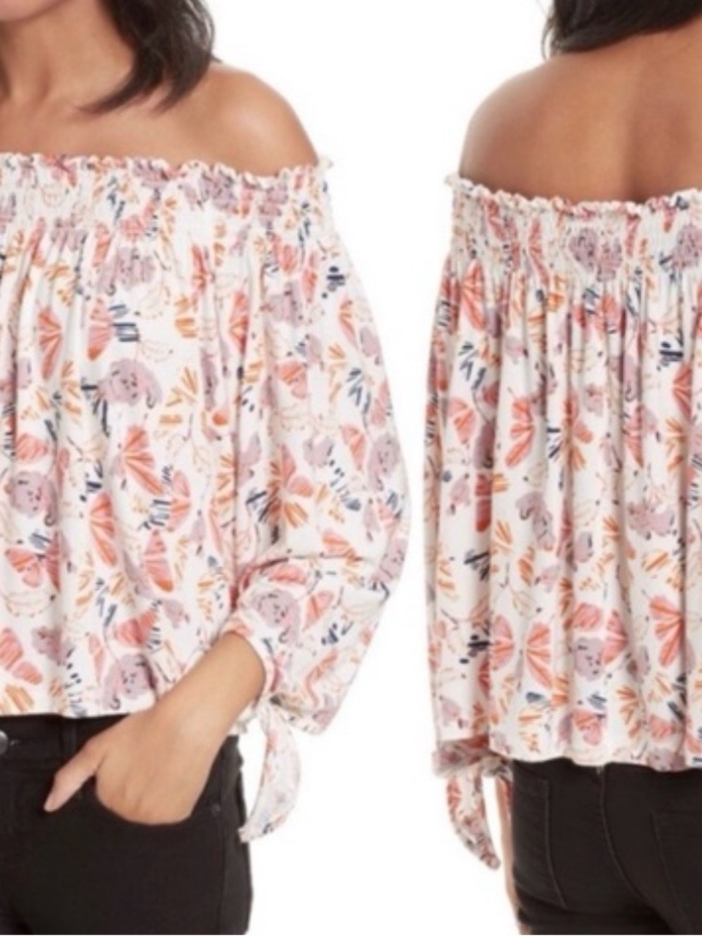 We The Free Free People Biscotti Off-Shoulder Floral Tie-Sleeve Blouse.